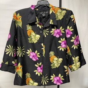 SilkLand‎ Black Tropical Floral Button Down Shirt